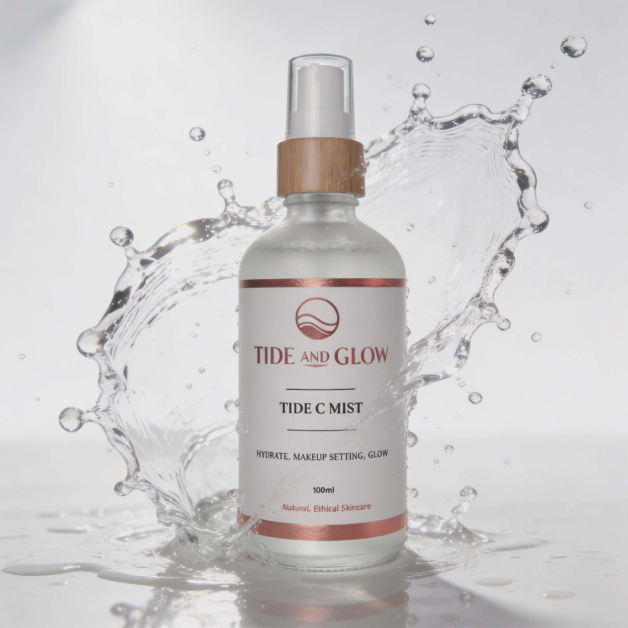 Tide and Glow Tide C Mist bottle with water splash on a light gray background