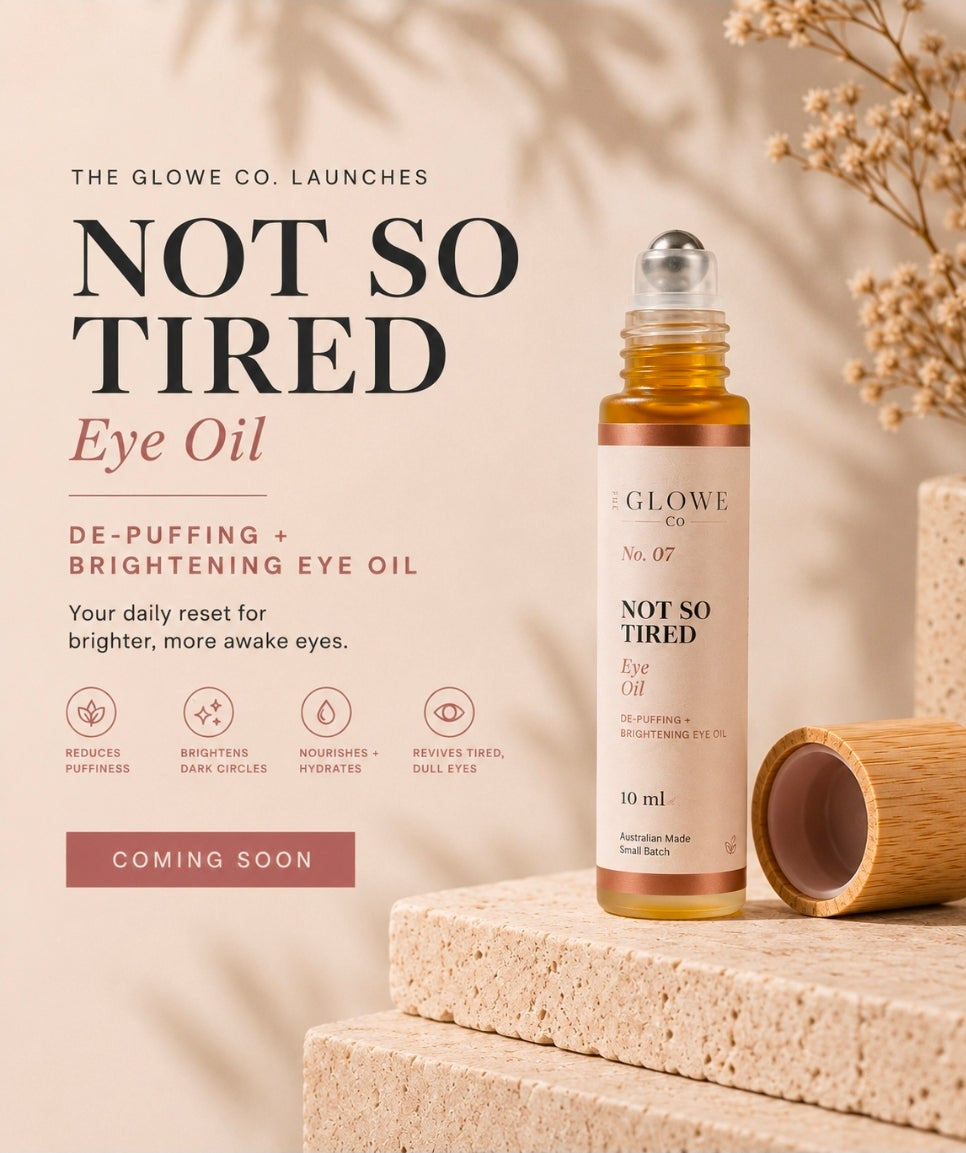 The Glowe Co No. 07 Not So Tired eye oil roller in a frosted glass bottle with bamboo lid