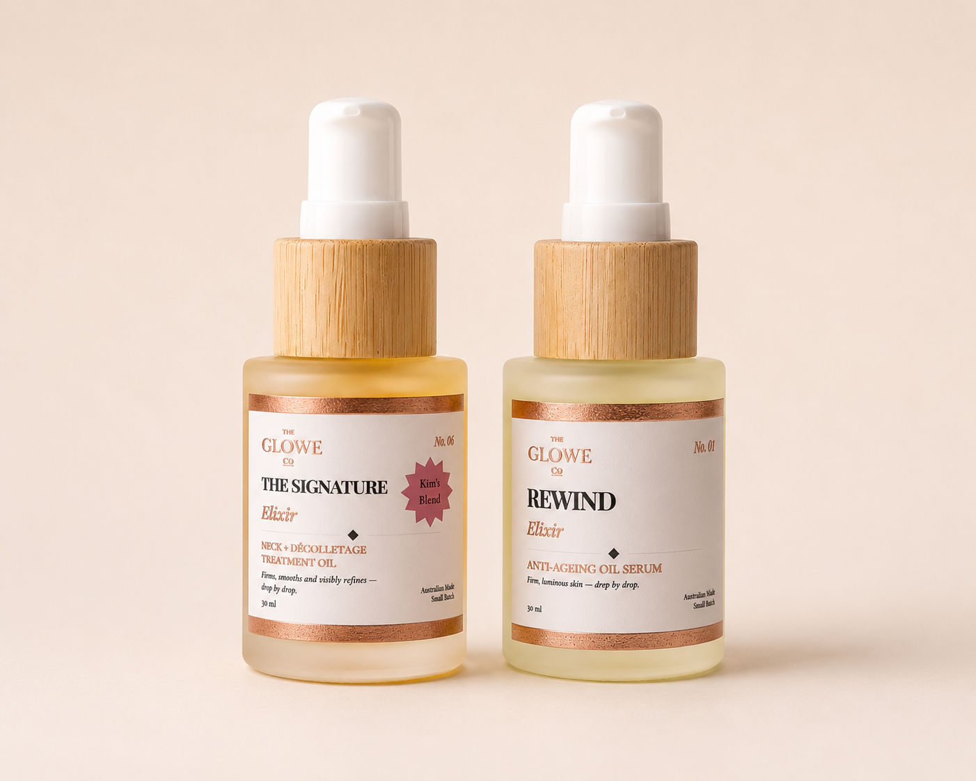 The Elixir Duo Face and Neck – Rewind Elixir and Signature Elixir treatment oils for perimenopausal skin by The Glowe Co