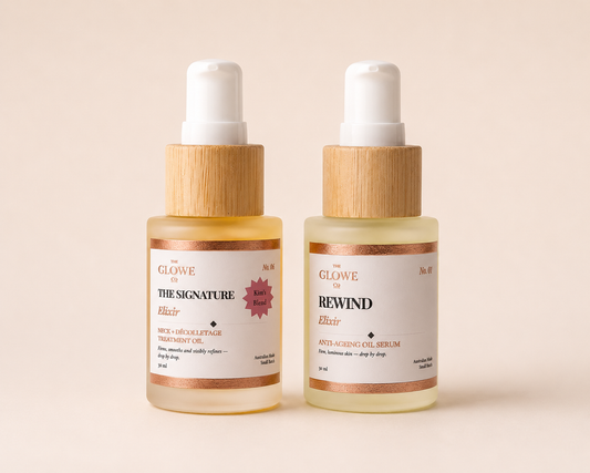 The Elixir Duo Face and Neck – Rewind Elixir and Signature Elixir treatment oils for perimenopausal skin by The Glowe Co