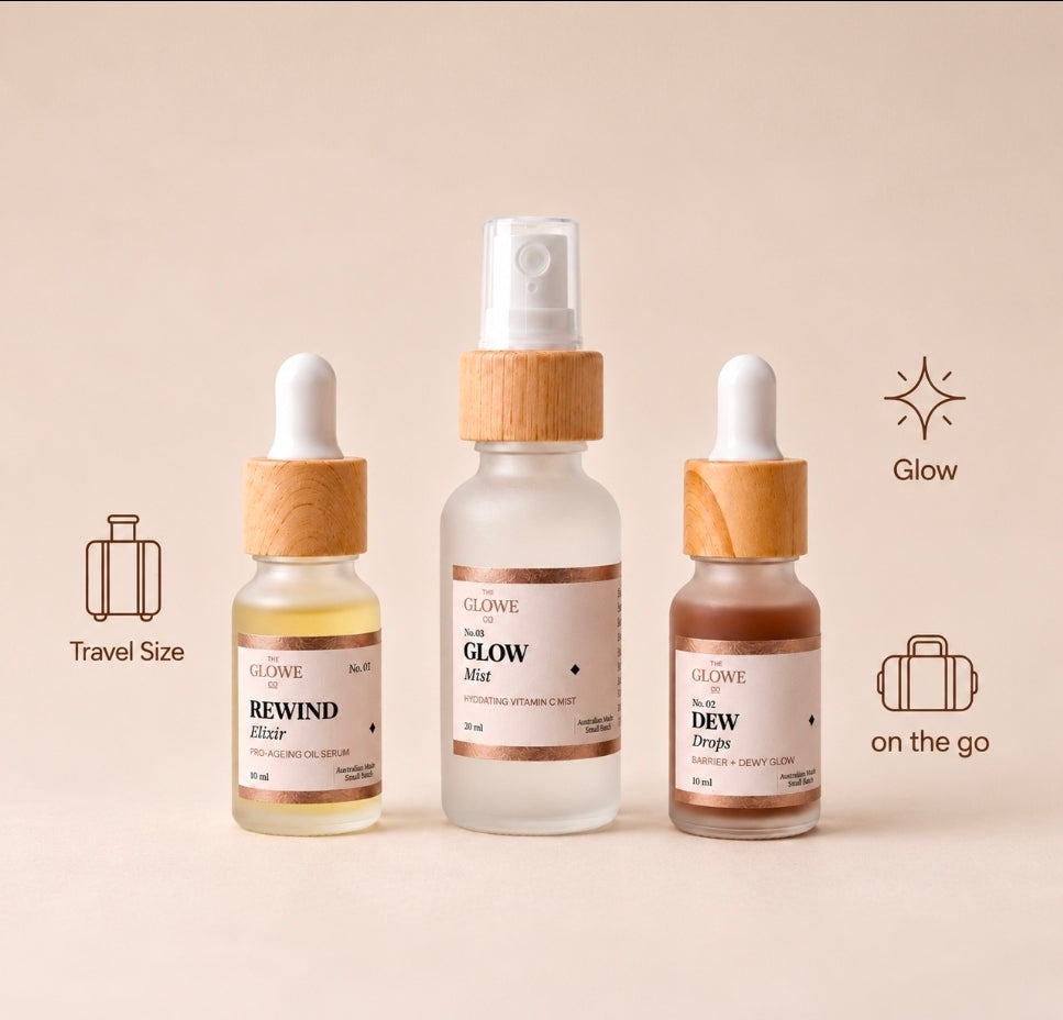 The Glowe on the Go by The Glowe Co – Rewind Elixir 10 ml, Glow Mist 20 ml and Dew Drops 10 ml. Travel size, glow on the go