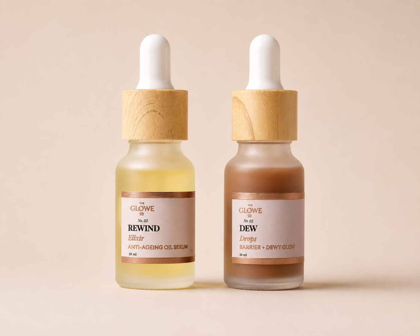 The Duo Travel Minis 10ml – Rewind Elixir and Dew Drops in carry-on sizes for perimenopausal skin, The Glowe Co