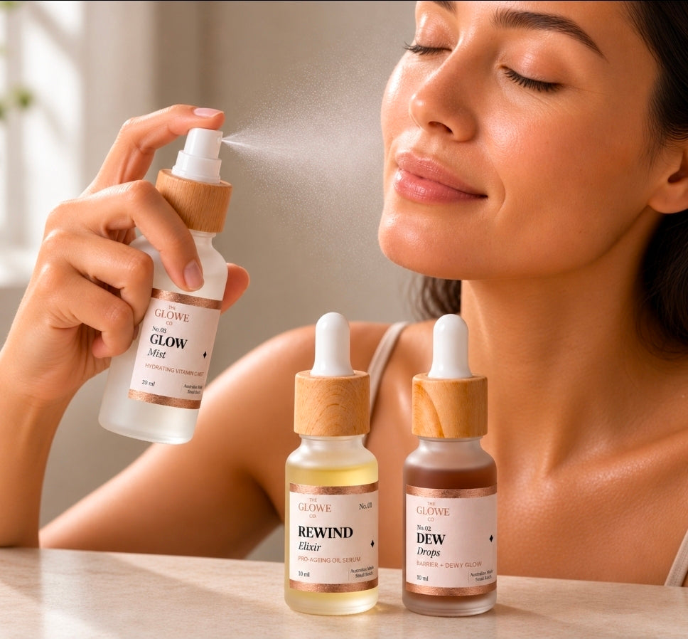The Glowe on the Go by The Glowe Co – travel-size three-step routine: Glow Mist 20 ml, Rewind Elixir 10 ml and Dew Drops 10 ml