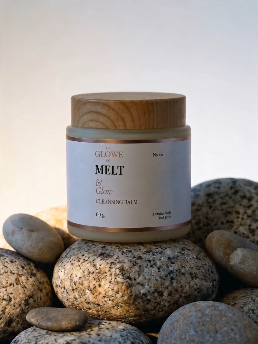 Melt & Glow Cleansing Balm by The Glowe Co – melts makeup and SPF, rinses milky clean, Australian-made for dry and reactive skin
