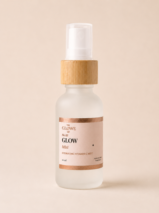 Glow Mist Travel Size 20ml – Australian-made vitamin C hydrating face mist for perimenopausal skin, carry-on friendly, by The Glowe Co