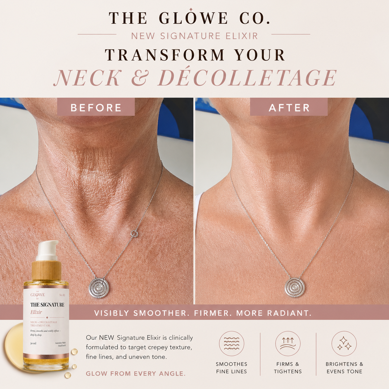 No. 05 The Signature Elixir applied to neck and décolletage, The Glowe Co